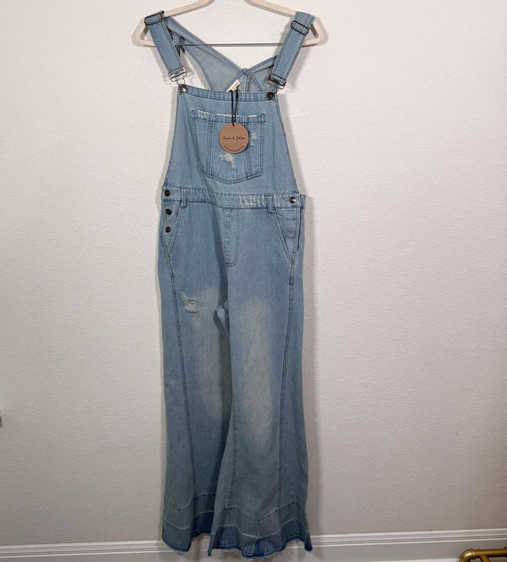 Aaron & Amber Womens Denim Overalls Size M Wide Leg Distressed Light Blue
